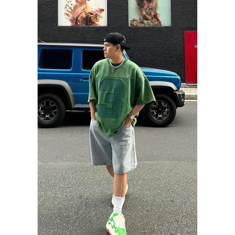 Fashion Nova Men Oversized Green Graphic Sweatshirt Tee Washed Number 3 M